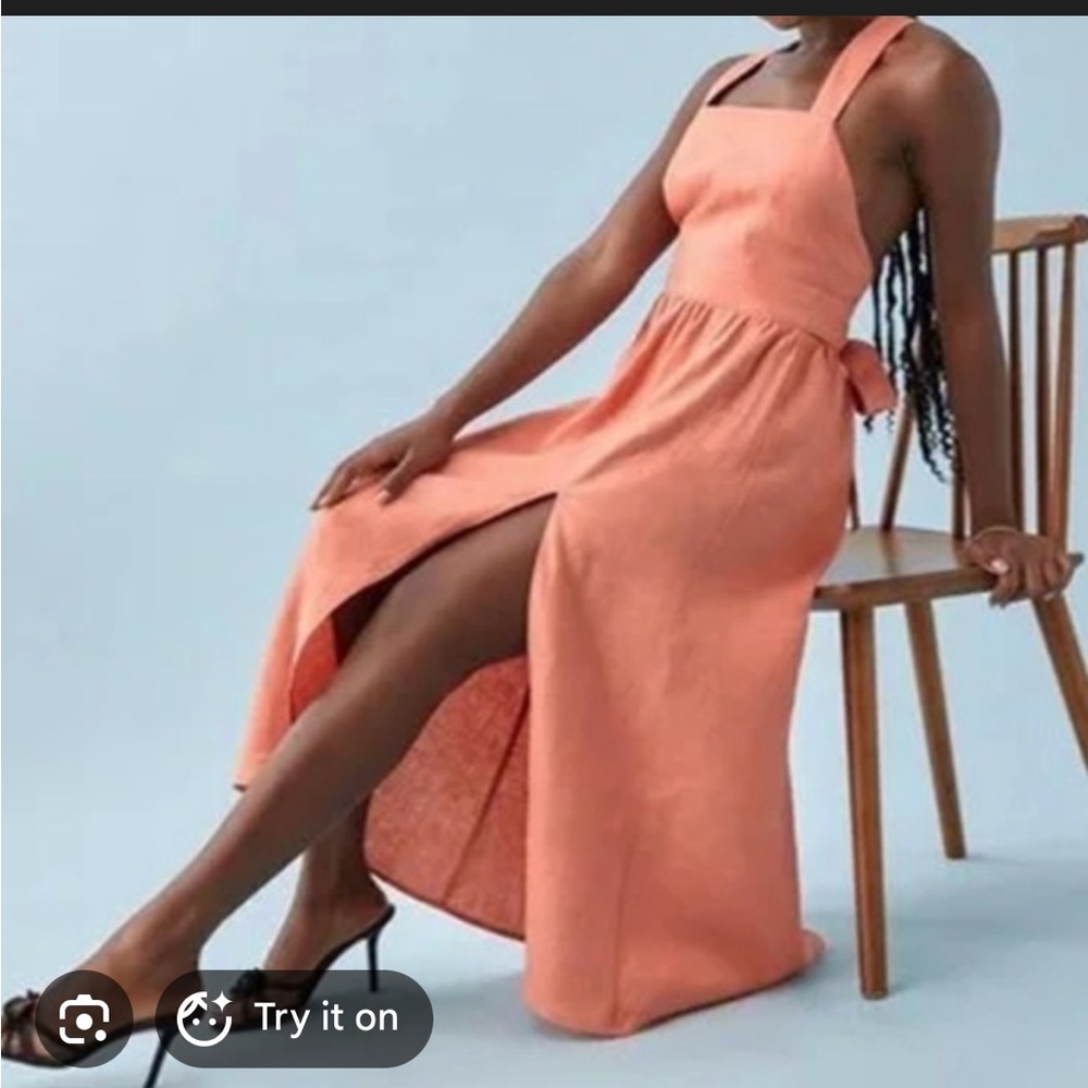 Reformation Elara Linen Midi Dress in Peaches